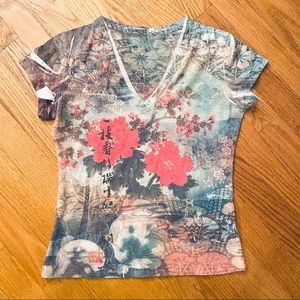 Asian themed floral short sleeve t shirt